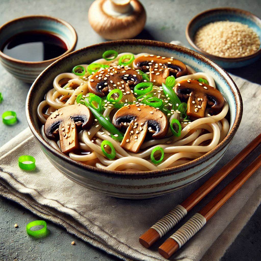 Close-up of a bowl of savory mushroom udon noodles, featuring thick, chewy udon noodles tossed in a rich, dark broth. The dish is garnished with sautéed mushrooms, green onions, and sesame seeds, creating a visually appealing contrast against the warm, inviting colors of the ingredients."