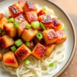 "Plate of steaming Yaki Udon noodles, beautifully garnished with a sprinkle of toasted sesame seeds, enhancing the dish's visual appeal and flavor."